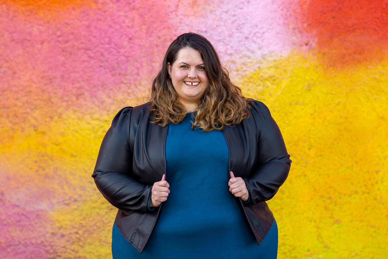 New Zealand plus size fashion blogger Meagan Kerr wears Ruby & Rain Rose Dress and City Chic Embrace Jacket