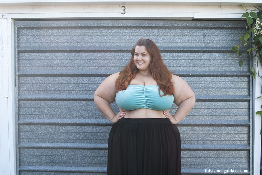 This is Meagan Kerr wearing Chubby Cartwheels Bandeau and ASOS Curve Skater Skirt