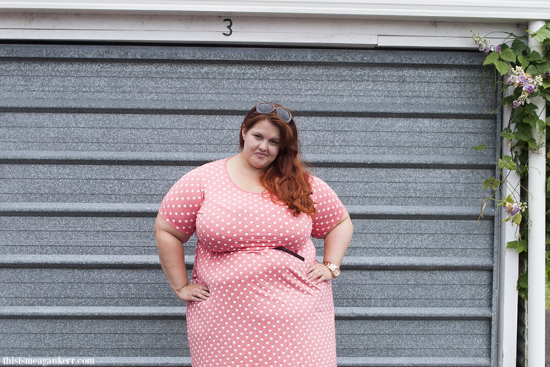 Aussie Curves: Double Take - Meagan wears ASOS Curve Exclusive Skater Dress on Coral/White Spot Print