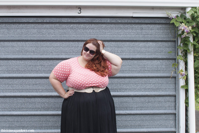 Aussie Curves: Double Take - Meagan wears ASOS Curve Exclusive Skater Dress on Coral/White Spot Print and Black ASOS Curve Skater Skirt in Longer Length