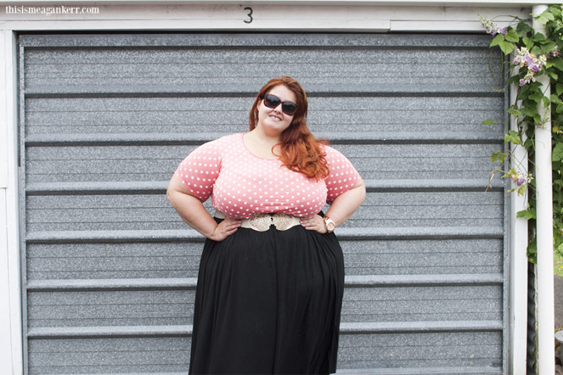 Aussie Curves: Double Take - Meagan wears ASOS Curve Exclusive Skater Dress on Coral/White Spot Print and Black ASOS Curve Skater Skirt in Longer Length