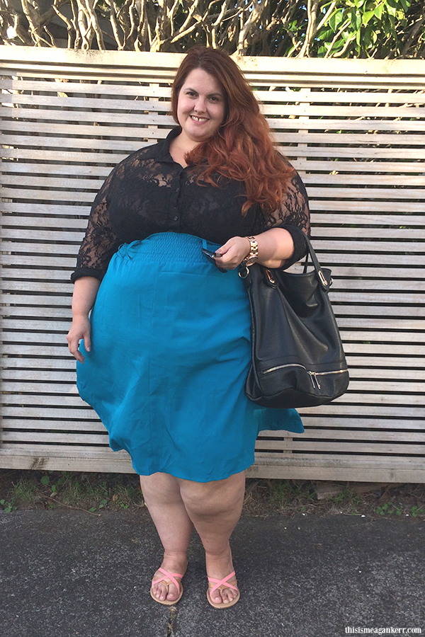Aussie Curves: Valentine's Day  Meagan Kerr wears Gothic Glamour lace top by Harlow and Wide Belted Skirt by Hope & Harvest