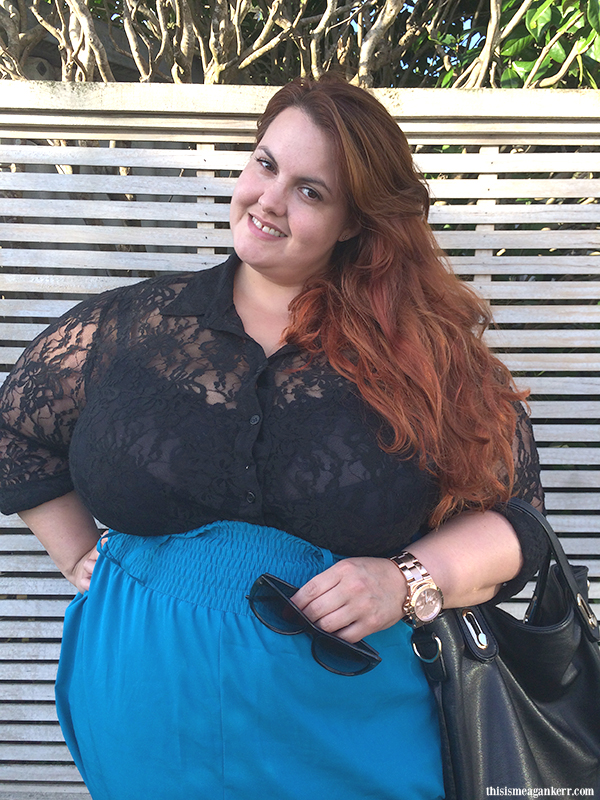 Aussie Curves: Valentine's Day  Meagan Kerr wears Gothic Glamour lace top by Harlow and Wide Belted Skirt by Hope & Harvest