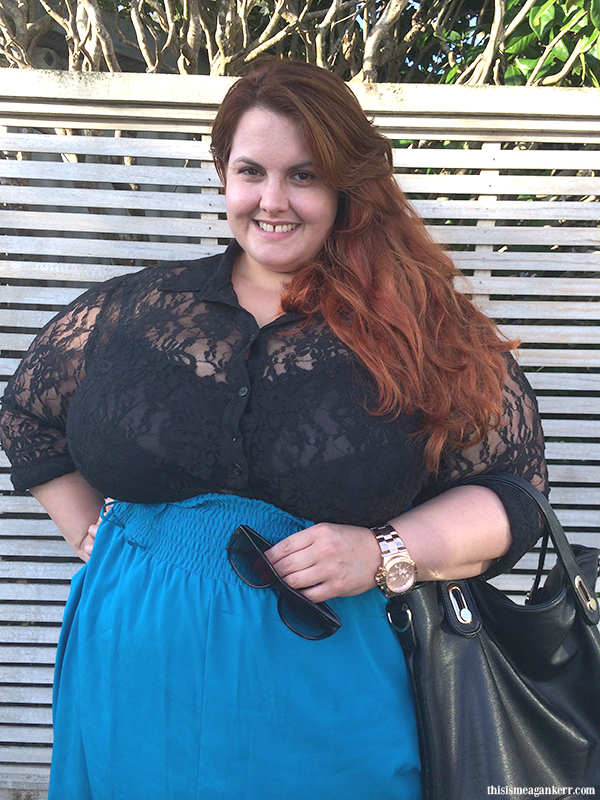 Aussie Curves: Valentine's Day  Meagan Kerr wears Gothic Glamour lace top by Harlow and Wide Belted Skirt by Hope & Harvest