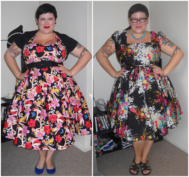 Cara Hill wears L: Hell Bunny Hawaiian Dress; R: Lady V London Funky Floral Dress