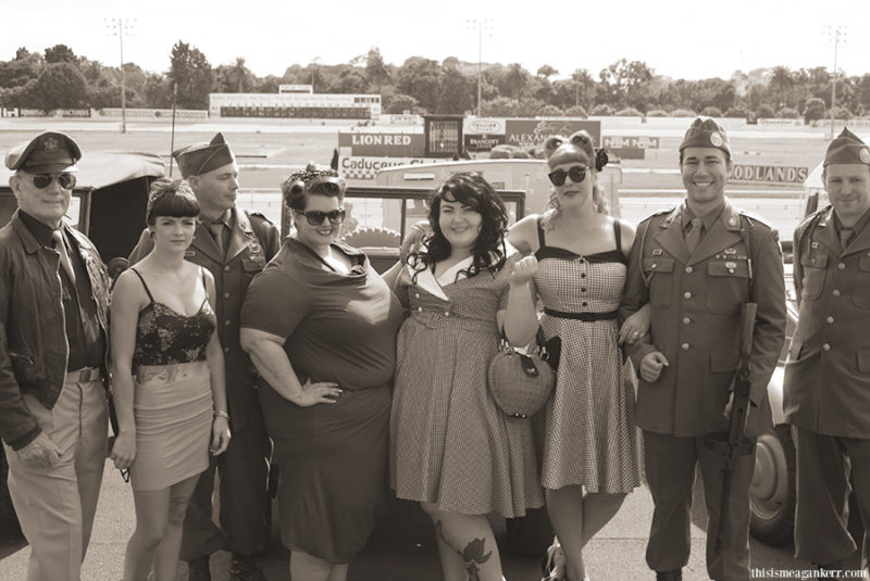 Yolanda Stone, Meagan Kerr, Amber McCoy and Pieta Heynen with some of the Commemorative Air Force guys