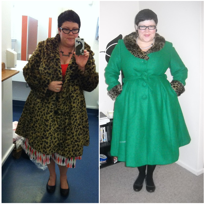 Cara wears L: Collectif Lady Leona Coat R: Collectif Ashley Coat