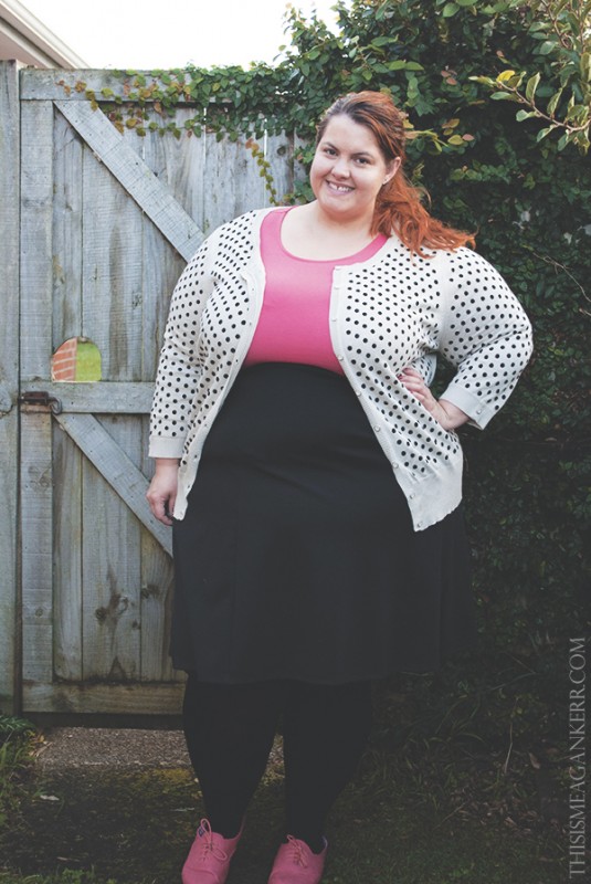 Aussie Curves Date Night plus size fashion kmart pink peplum top boohoo plus black skirt polka dot cardigan ezibuy fatshion