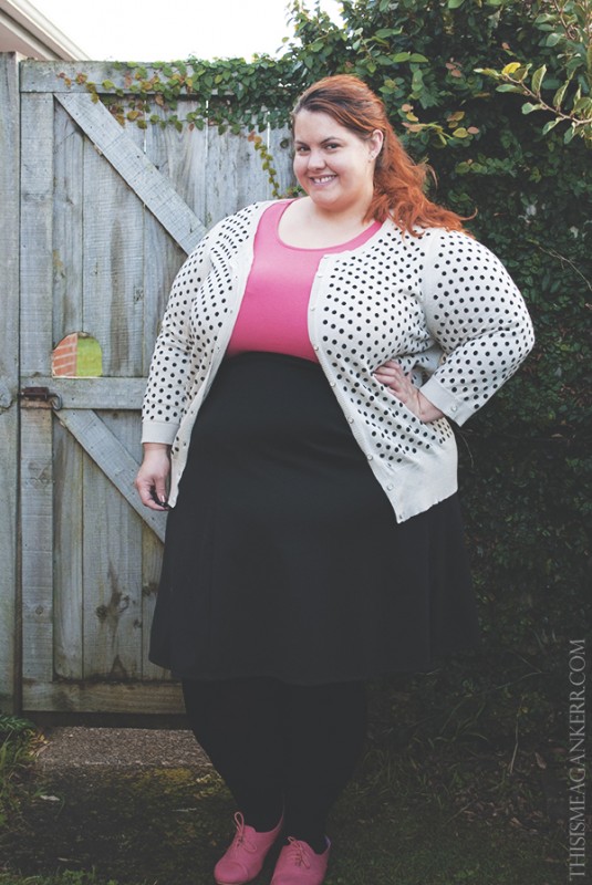 Aussie Curves Date Night plus size fashion kmart pink peplum top boohoo plus black skirt polka dot cardigan ezibuy fatshion