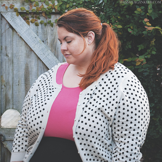 Aussie Curves Date Night plus size fashion kmart pink peplum top boohoo plus black skirt polka dot cardigan ezibuy fatshion