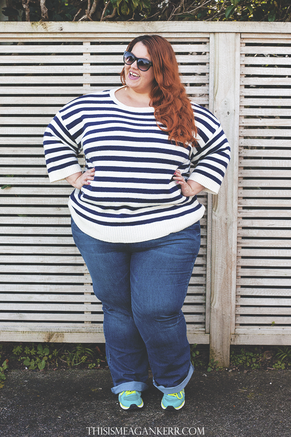 plus size fashion stripe sweater blue denim jeans fatshion meagan kerr