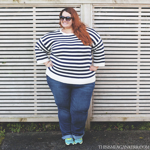 plus size fashion stripe sweater blue denim jeans fatshion meagan kerr