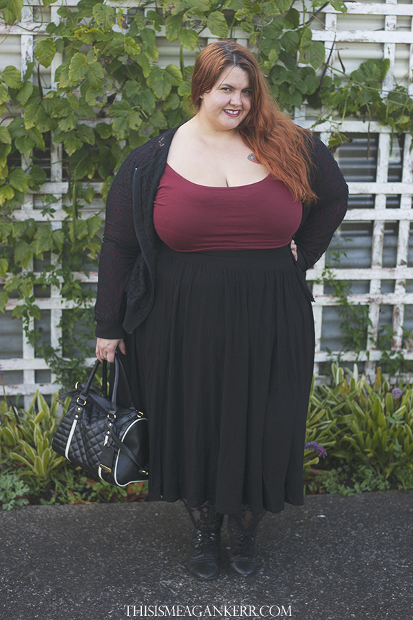 plus size fashion wiwt burgundy chubby cartwheels crop top black asos curve skater skirt gothic lace harlow bomber jacket donatellas stockings winter redhead girl fatshion new zealand