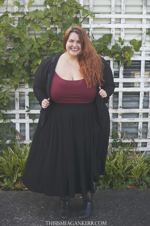 plus size fashion wiwt burgundy chubby cartwheels crop top black asos curve skater skirt gothic lace harlow bomber jacket donatellas stockings winter redhead girl fatshion new zealand