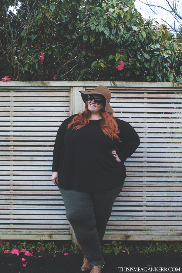 aussie curves military plus size fashion boohoo.com brown felt hat harlow black oversized hi lo top ts14+ taking shape army green trousers fatshion meagan kerr