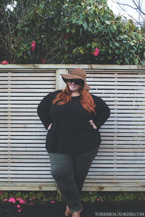 aussie curves military plus size fashion boohoo.com brown felt hat harlow black oversized hi lo top ts14+ taking shape army green trousers fatshion meagan kerr