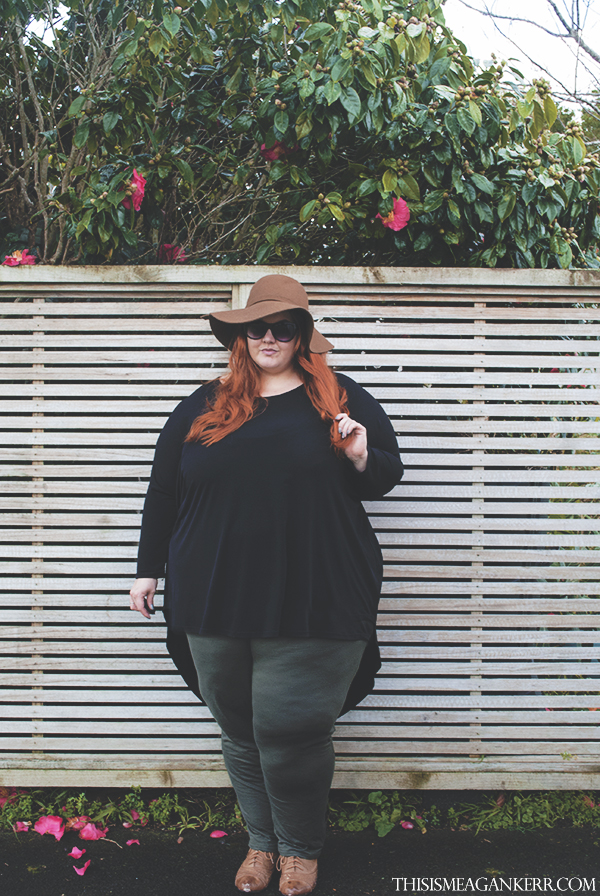 aussie curves military plus size fashion boohoo.com brown felt hat harlow black oversized hi lo top ts14+ taking shape army green trousers fatshion meagan kerr