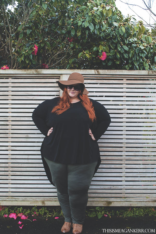 aussie curves military plus size fashion boohoo.com brown felt hat harlow black oversized hi lo top ts14+ taking shape army green trousers fatshion meagan kerr