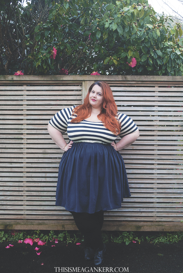 meagan kerr plus size fashion 17 sundays stripes dress white navy bastille day fatshion donatellas stockings tights garage brogues the warehouse