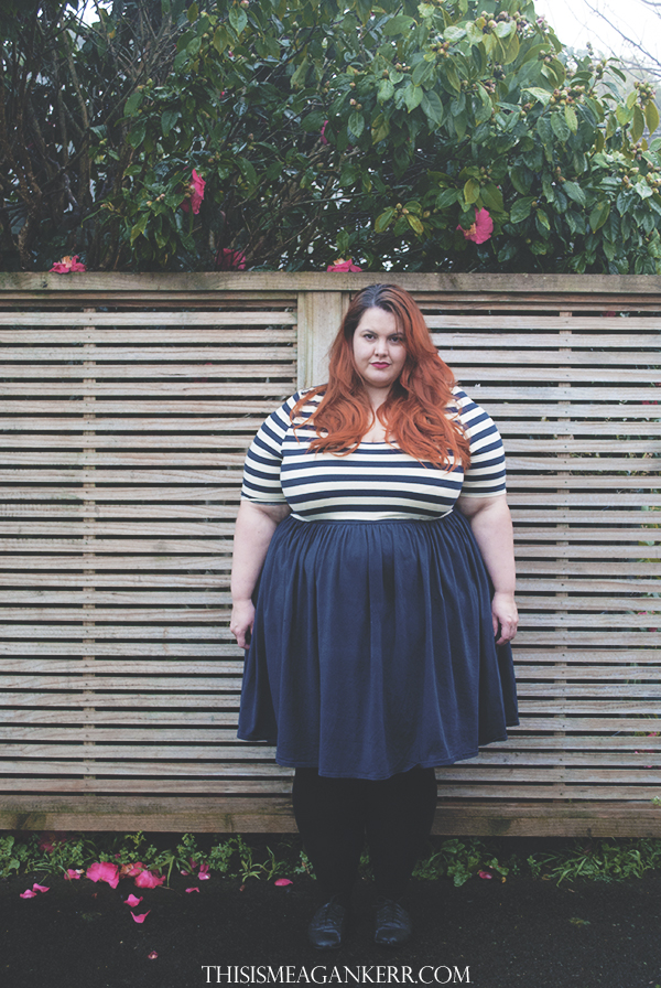 meagan kerr plus size fashion 17 sundays stripes dress white navy bastille day fatshion donatellas stockings tights garage brogues the warehouse