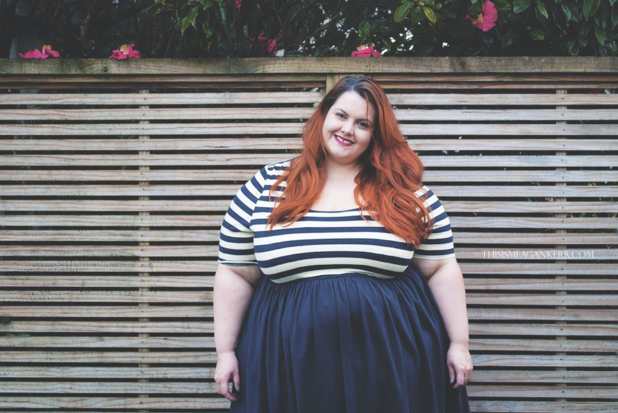 meagan kerr plus size fashion 17 sundays stripes dress white navy bastille day fatshion donatellas stockings tights garage brogues the warehouse