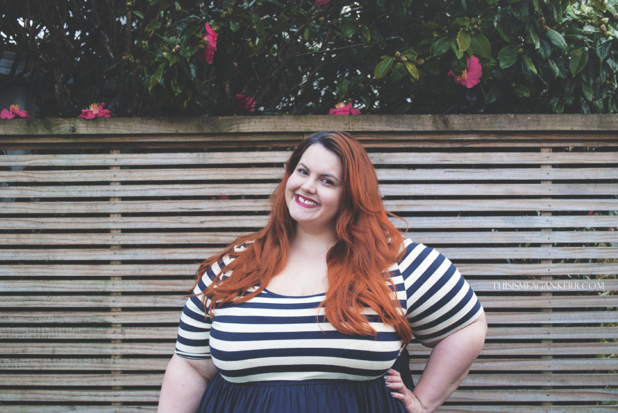 meagan kerr plus size fashion 17 sundays stripes dress white navy bastille day fatshion donatellas stockings tights garage brogues the warehouse