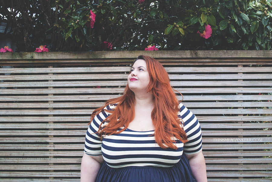 meagan kerr plus size fashion 17 sundays stripes dress white navy bastille day fatshion donatellas stockings tights garage brogues the warehouse