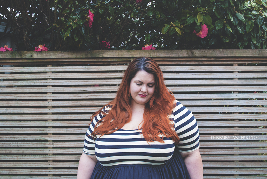 meagan kerr plus size fashion 17 sundays stripes dress white navy bastille day fatshion donatellas stockings tights garage brogues the warehouse