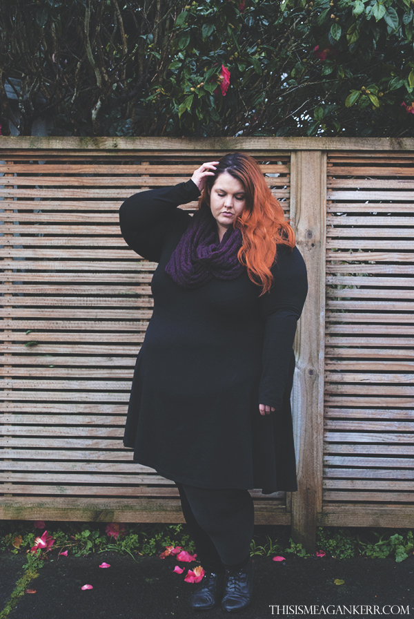 meagan kerr plus size fashion asos curve black dress chubby cartwheels velvet leggings fatshion 