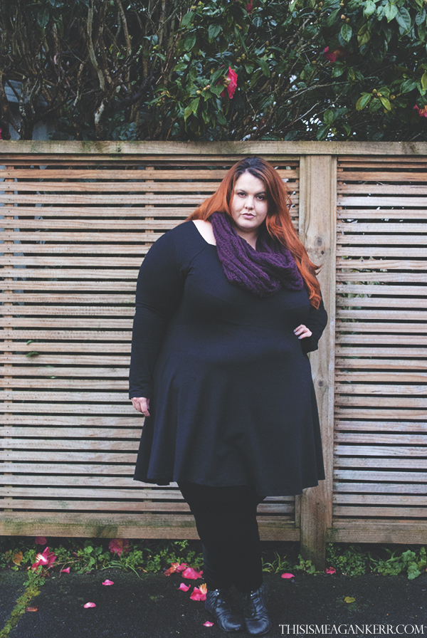 meagan kerr plus size fashion asos curve black dress chubby cartwheels velvet leggings fatshion