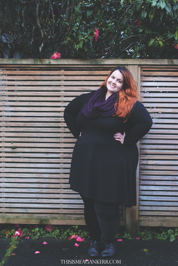 meagan kerr plus size fashion asos curve black dress chubby cartwheels velvet leggings fatshion