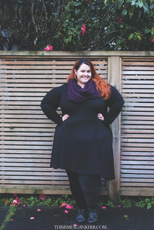 meagan kerr plus size fashion asos curve black dress chubby cartwheels velvet leggings fatshion