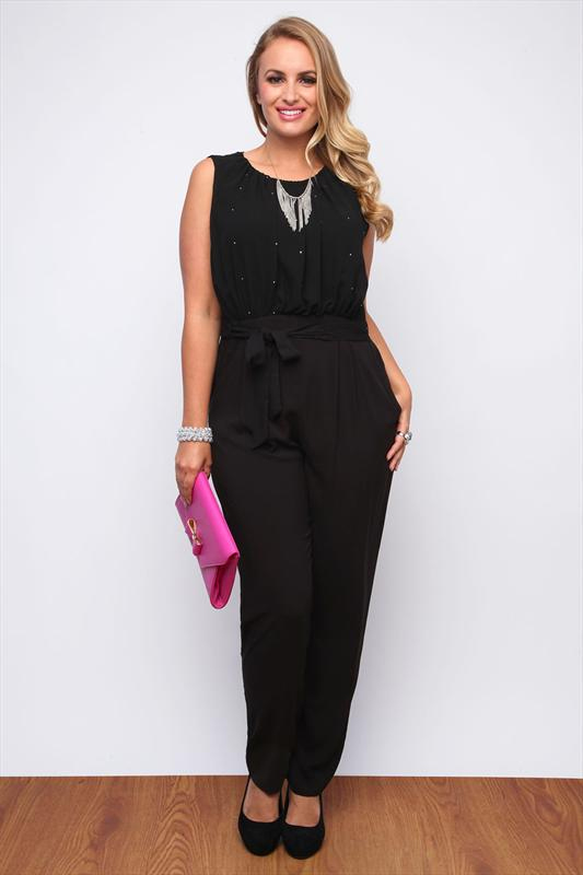 Black Diamanté Detail Sleeveless Jumpsuit With Bow Front, AUD $63.00 from Yours Clothing