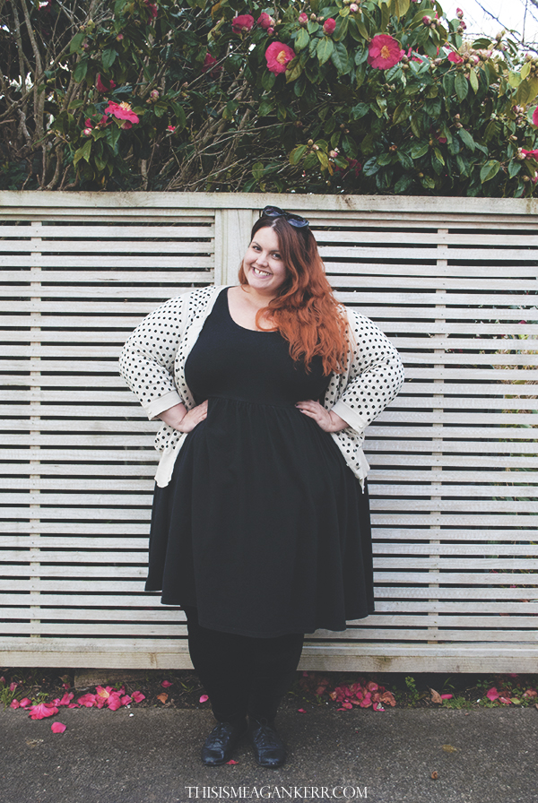 aussie curves plus size fashion everyday style 17 sundays black dress ezibuy sara polka dot cardigan chubby cartwheels velvet leggings max sunglasses the warehouse garage brogues fatshion meagan kerr