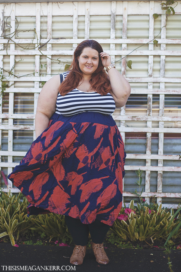 aussie curves plus size fashion everyday style autograph stripe tank singlet 17 sundays sweet ride print skirt sonsee woman opaque stockings tights navy number one shoes tan ankle boots fatshion meagan kerr michael kors rose gold watch