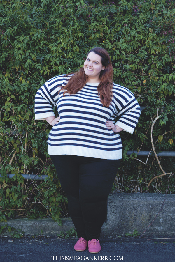 aussie curves plus size fashion everyday style asos curve stripe jumper black sara jeggings denim ezibuy garage brogues the warehouse fatshion meagan kerr coral