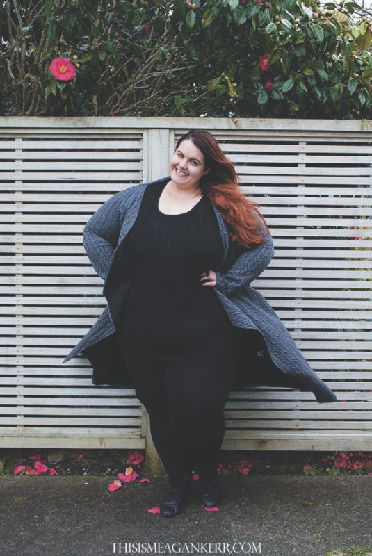 meagan kerr plus size fashion black grey hope & harvest hampton cardi harlow private dancer fringe top lucabella pu panel leggings ootd fatshion