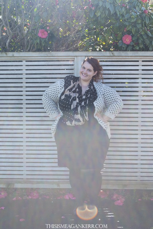 wiwt plus size fashion meagan kerr ootd fatshion lucabella pencil skirt ezibuy polka dot cardigan cardi spot scarf 