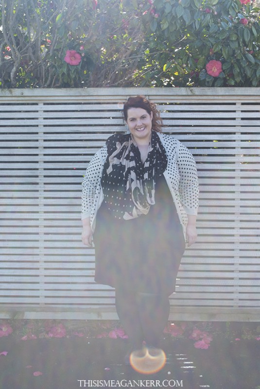 wiwt plus size fashion meagan kerr ootd fatshion lucabella pencil skirt ezibuy polka dot cardigan cardi spot scarf 