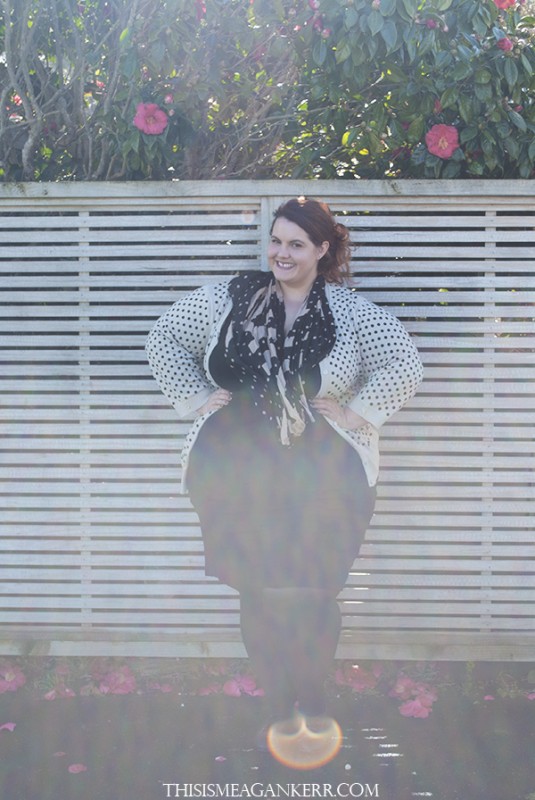 wiwt plus size fashion meagan kerr ootd fatshion lucabella pencil skirt ezibuy polka dot cardigan cardi spot scarf 