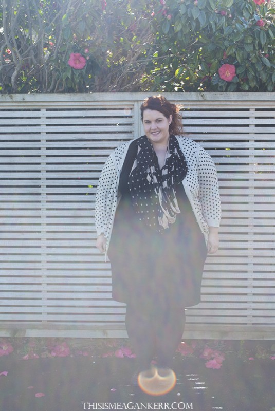 wiwt plus size fashion meagan kerr ootd fatshion lucabella pencil skirt ezibuy polka dot cardigan cardi spot scarf