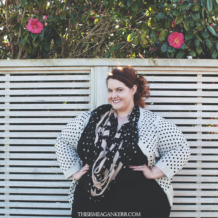 wiwt plus size fashion meagan kerr ootd fatshion lucabella pencil skirt ezibuy polka dot cardigan cardi spot scarf 