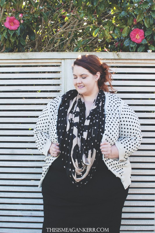 wiwt plus size fashion meagan kerr ootd fatshion lucabella pencil skirt ezibuy polka dot cardigan cardi spot scarf 