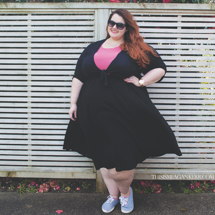 Aussie Curves Favourite Piece Meagan Kerr black skater skirt knee length kmart now coral pink peplum top yours clothing bolero shrug tie jacket grey sneakers rave plus size fashion