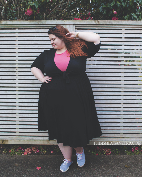 Aussie Curves Favourite Piece Meagan Kerr black skater skirt knee length kmart now coral pink peplum top yours clothing bolero shrug tie jacket grey sneakers rave plus size fashion