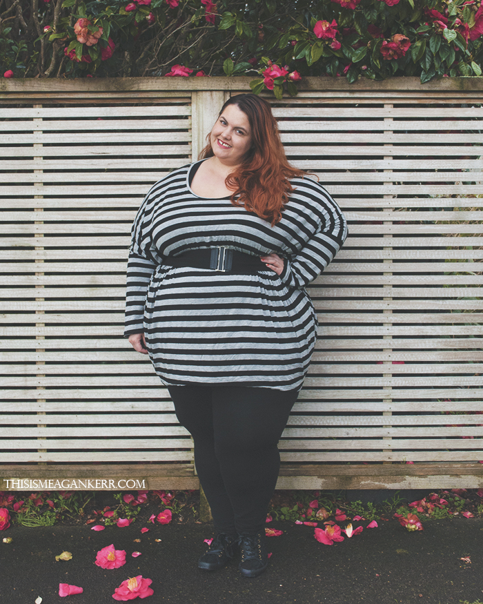Aussie Curves Tee plus size fashion Meagan Kerr oversized circle tee shirt top black grey stripes 17 Sundays wild child leggings farmers Salucci Collection lace sneakers xcesri wide belt