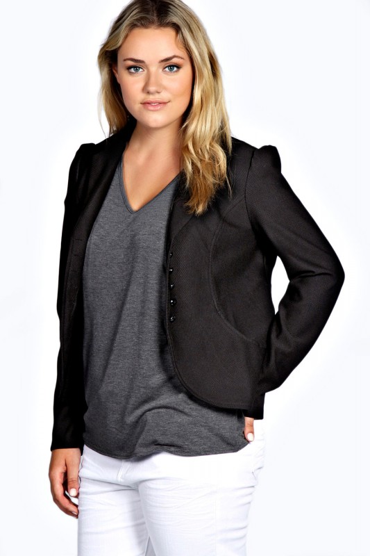 Boohoo Plus Marley Jacquard Fitted Blazer black jacket boohoo.com plus size office attire officewear workwear smart fashion work 