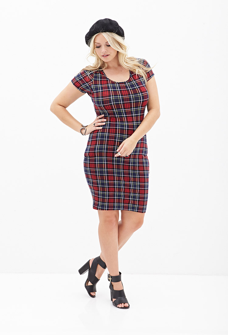 Forever 21 Plus Tartan Plaid Bodycon Dress plaid check blue red plus size fashion