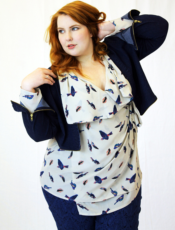 Hope & Harvest bird print wrap top zip off light denim jacket spring summer nauticas plus size fashion