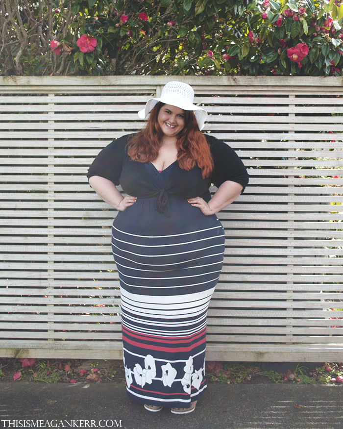 WIWT Maxi Dress Yours Clothing navy white red floral stripes black knitted shrug cork sandals spring summer style plus size fashion Meagan Kerr